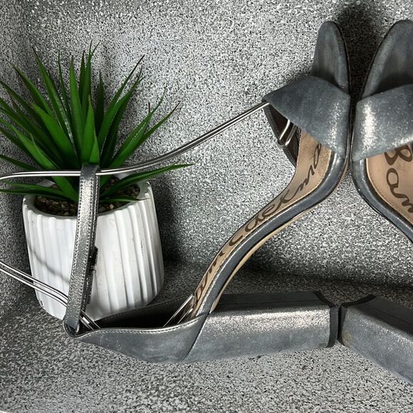SAM EDELMAN | Yaro Ankle Strap Block Heel Sandals Metallic Pewter Size 9 - Picture 4 of 9